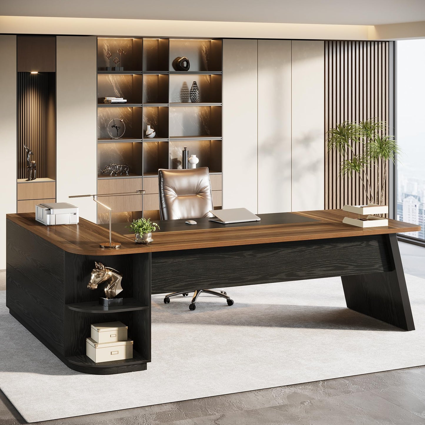 Tribesigns 79-Inch Executive Desk, Large Office Desk with Cabinet, L-Shaped Compter Desk with Storage Shelves, Writing Table for Home Office, Brown and Black