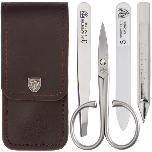 3 Swords Germany - brand quality 3 piece stainless steel INOX manicure pedicure grooming kit set for professional finger & toe nail care scissors file tweezers genuine leather case in gift box (03874)