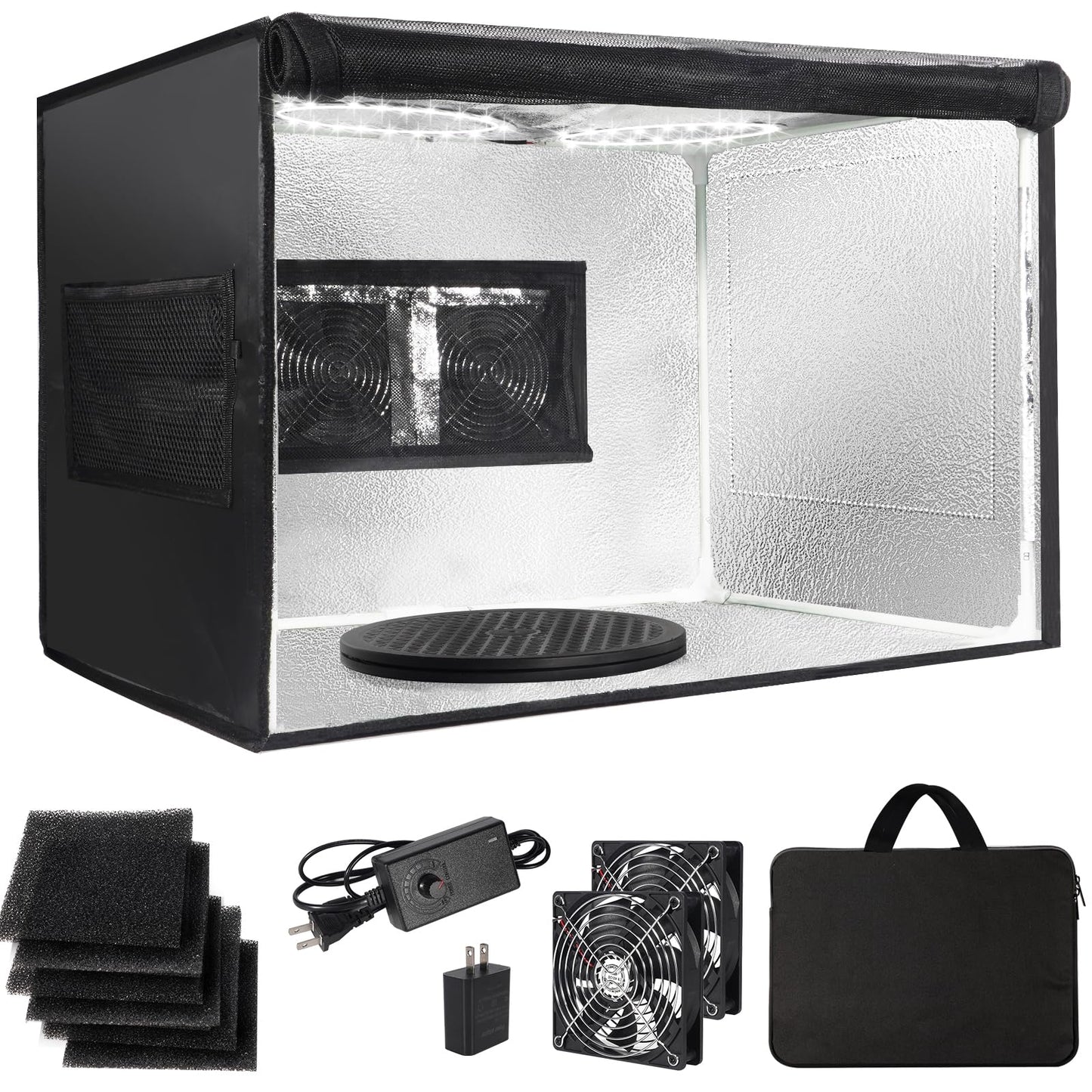 Airbrush Spray Booth Portabe - with LED Lights Turntable & Dual Exhaust Fans – Foldable Airbrush Paint Booth for Makeup, Art Painting, Model 16.6 in