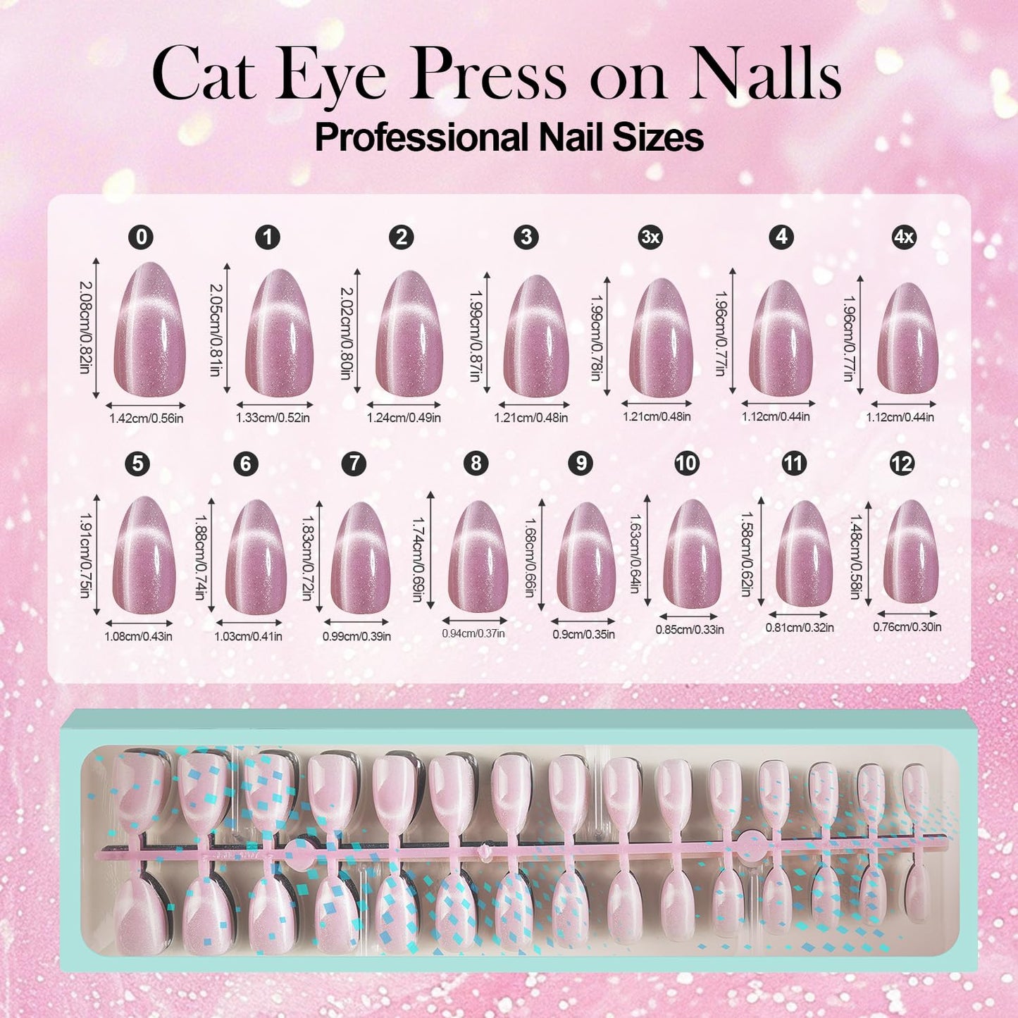 Vansiho 300Pcs Cat Eye Press on Nails, Glossy Glitter Cat Eye Designs Nail Tips for Women, Medium Almond Soft Gel Fake Nails, for Women and Girls Glossy Reusable Nail Tips in 15 Sizes