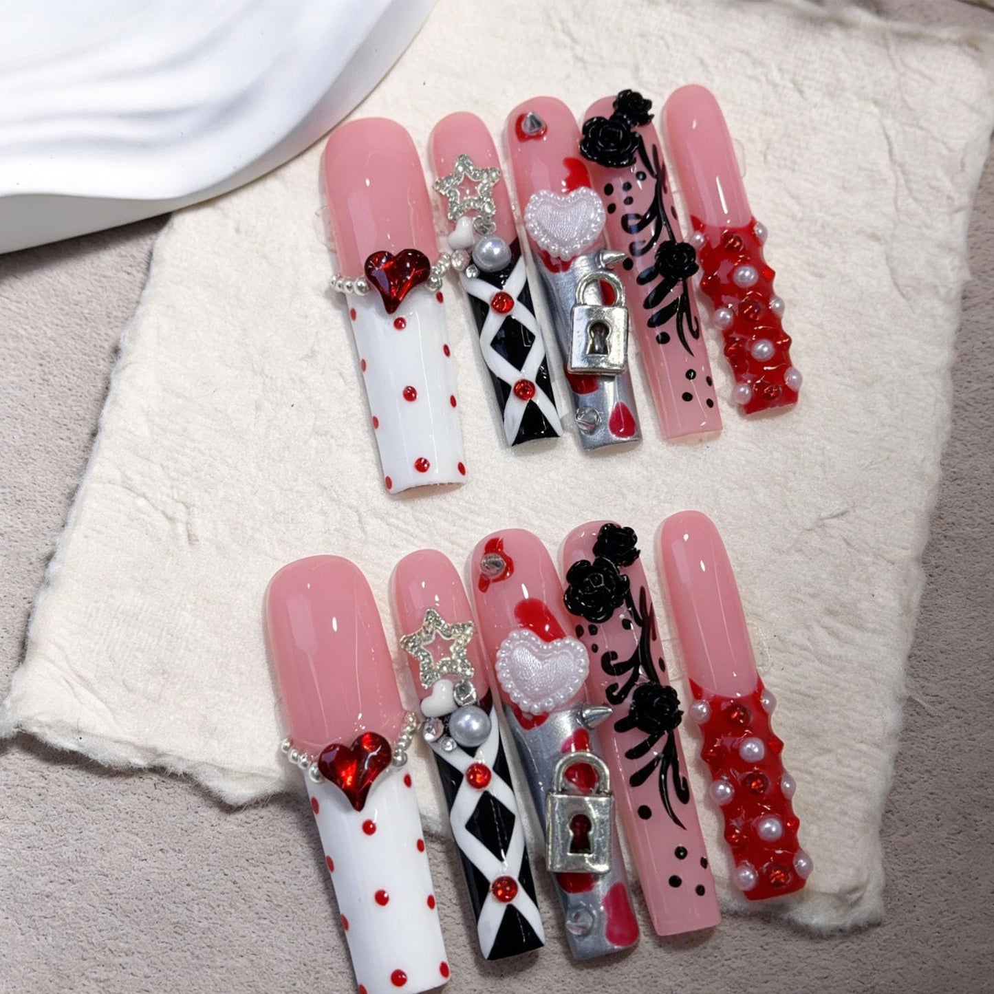 10 Pcs Extra Long Handmade Press on Nails Square Fake Nails with 3D Flowers Lock Love Charms Design Pink Acrylic False Nails White French Tip Press Ons Nails Long for Women Wedding Party - M Size