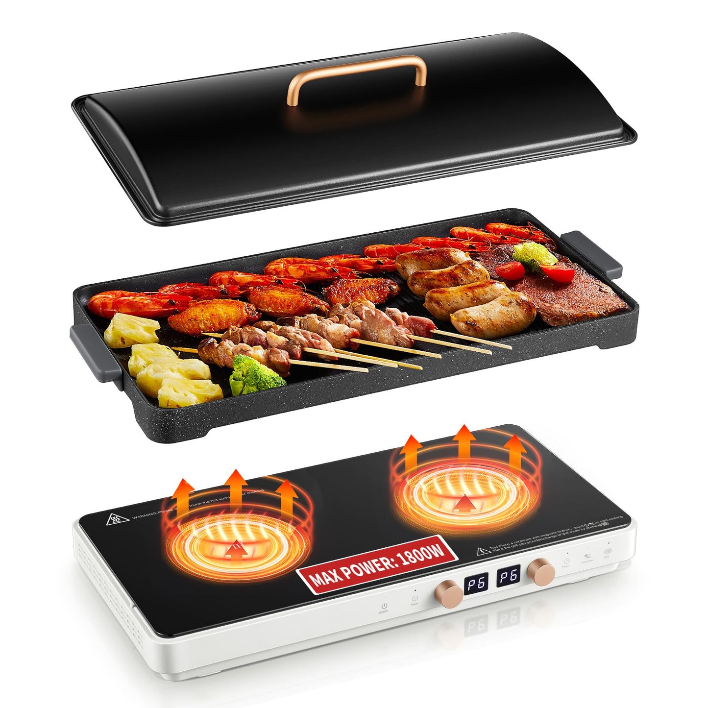 Induction Cooktop 2 Burners, Double Induction Griddle Cooktop 1800W with Removable Iron Cast Griddle Pan Non-stick, Independent Temperature Control, 8 Power Levels, 99 Min Timer for Magnetic Cookware