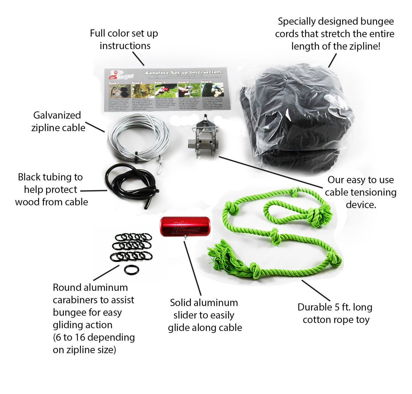 Tumbo Solo Slinger Outdoor Tough Hanging 50 ft Zipline Dog Toy (Uses Bungee Force to Sling The Rope Toy Back and Forth to The Center) Adjustable Length