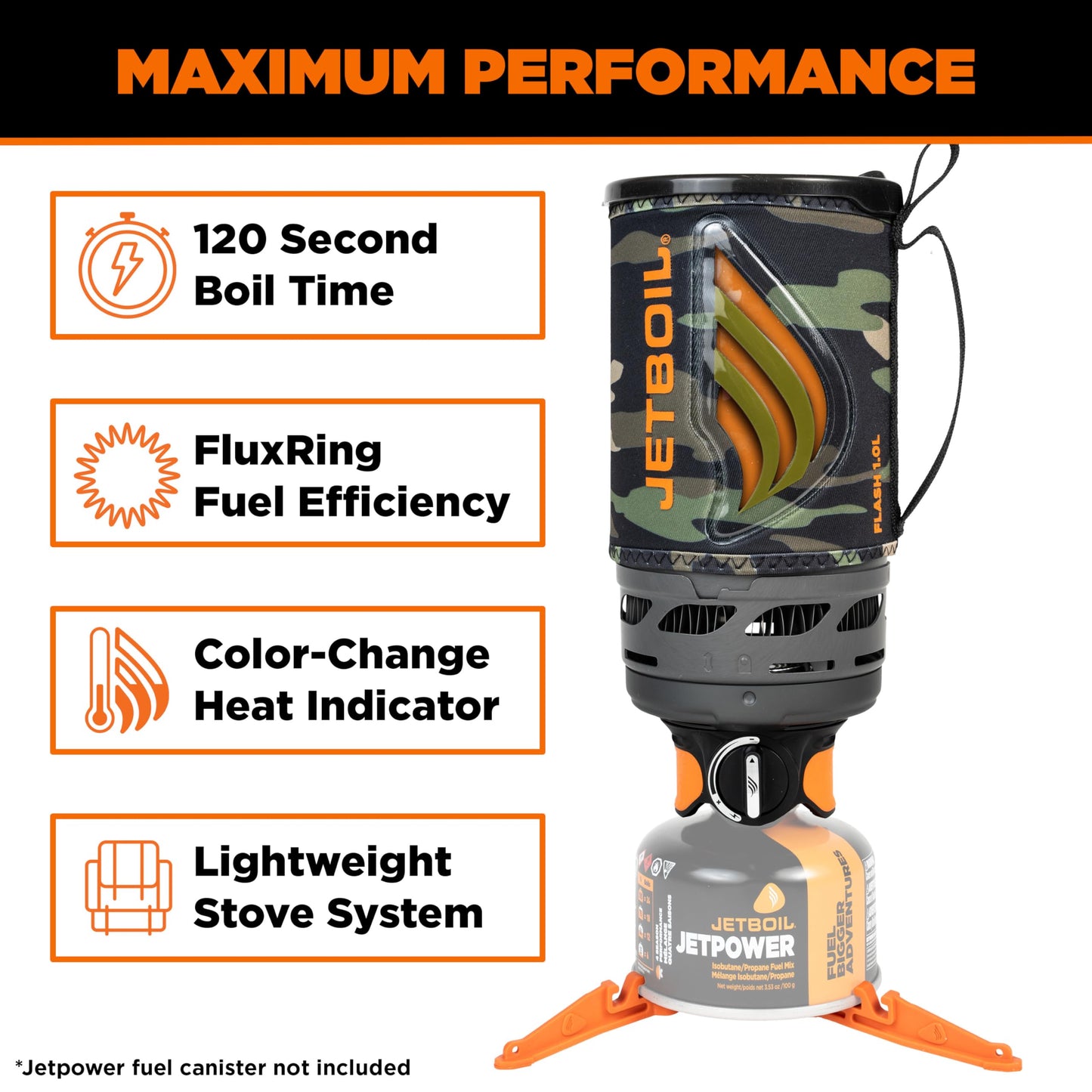 Jetboil Flash 1.0L Portable Fast Boil Stove for Camping and Backpacking with 1-Step Auto Ignition, Propane/Isobutane Burner with Cooking Cup, Dark Camo