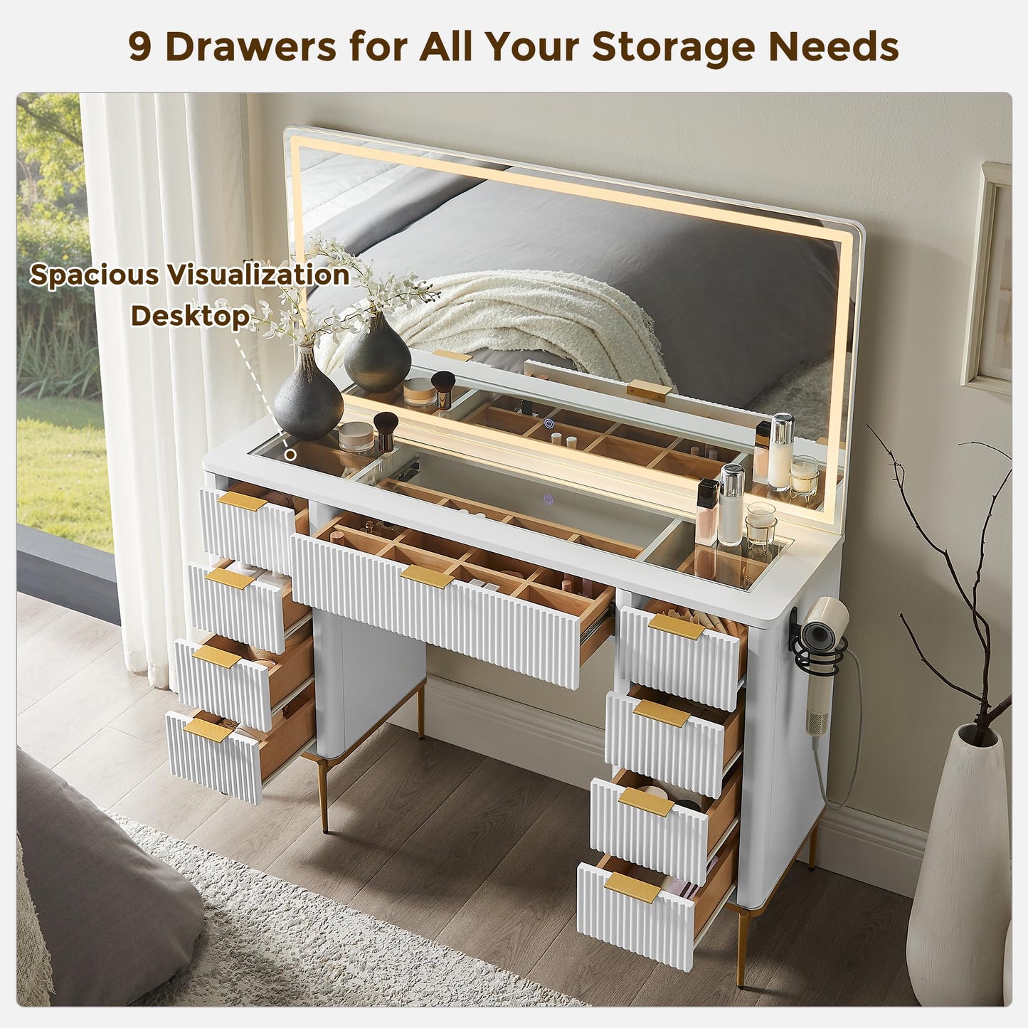 T4TREAM 48" Fluted Makeup Vanity Desk with 48" Large Mirror and HD LED Lights, Modern Vanity Table with 9 Drawers & Charging Station, Glass Top and Golden Handles Dressing Table for Bedroom, White