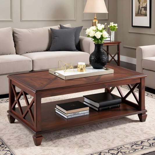 Stockbridge 45-Inch Wood Coffee Table with Storage Shelf and Detailed Side Panels – Easy to Assemble Traditional Accent Table for Living Room or Home Office by Alaterre Furniture
