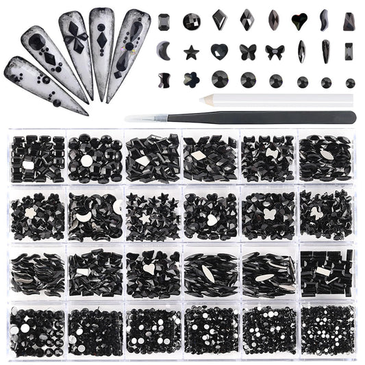Kaipheiquan Nail Rhinestones Kit, 18 Types of 900 Special-Shaped Nail Crystal + 3200 Flat-Bottomed Nail Rhinestones, Black Nail Rhinestones for Nail Art DIY with Tweezer + Pickup Pen