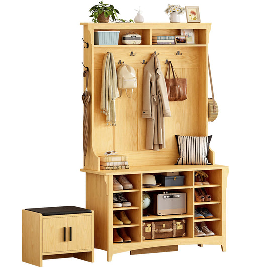 IRONCK Hall Tree with Bench and Shoe Storage, 6-in-1 Entryway Bench with Coat Rack, Adjustable Shelf, Hanging Hooks, 11 Shoe Cubbies, 2-Tier Top Storage, for Entryway, Bedroom, Living Room, Oak