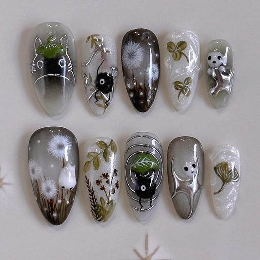 BABALAL Press on Nails Medium Almond Fake Nails Black Gothic Glue on Ghost Decvil Punk 24Pcs Stiletto Acrylic Nails Anime Nails for Women Girls Halloween Supplies