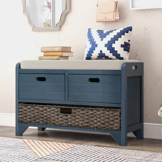 GDFStudio 2-Tier Shoe Storage Bench with Removable Basket & 2 Drawers, Farmhouse Entryway Shoe Organizer Bench with Upholstered Cushion, Wood Entry Bench Fully Assembled for Hallway Living Room, Navy
