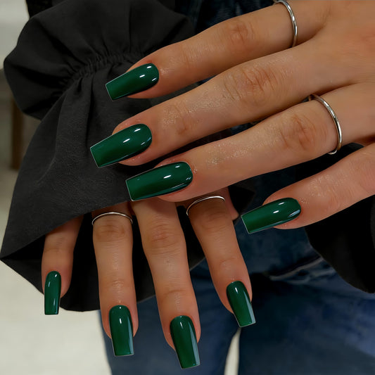 SXVME Press On Nails Long Square - Emerald Green Press on Nails with Glue for Women, Natural Simple Fake Nails Press ons Medium, Glossy Soft Gel Glue on Nails Coffin, Reusable Nail Stick Ons, 24 Pcs