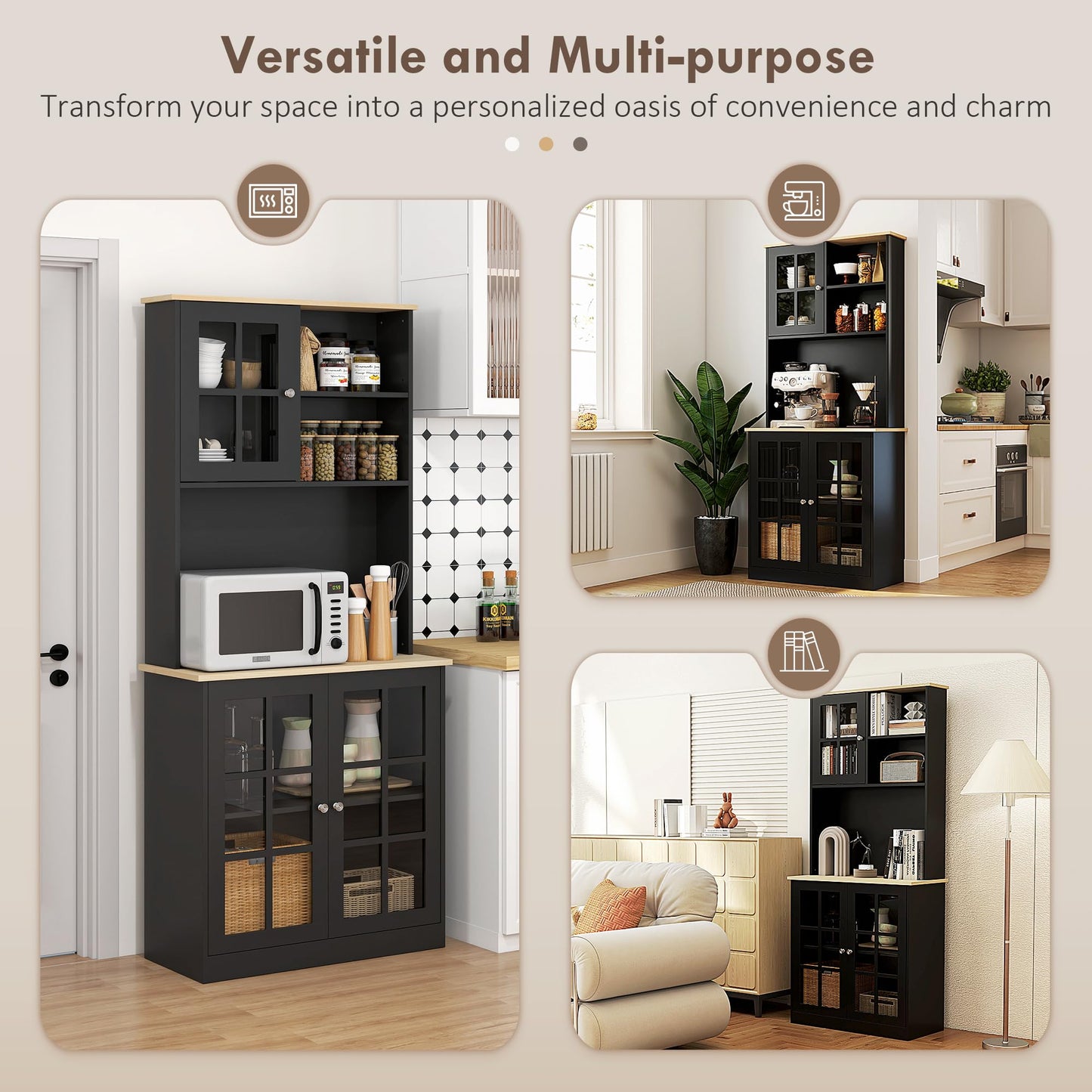 HOMCOM Kitchen Pantry Storage Cabinet, 72" Freestanding Cabinet with Hutch, Large Countertop, Glass Doors and Adjustable Shelves for Dining Room, Black