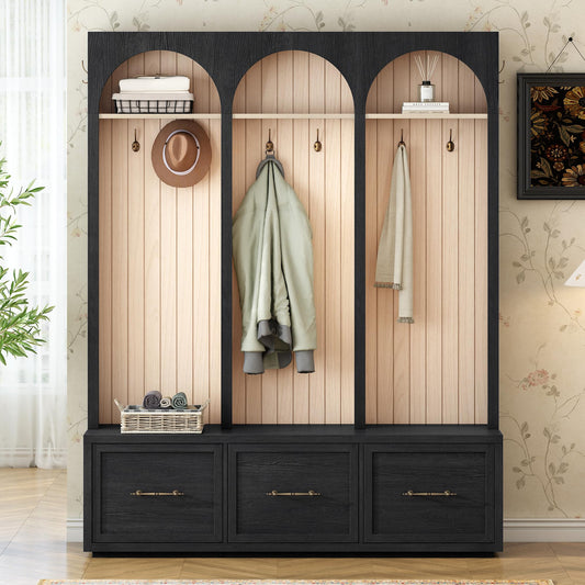 Ball & Cast Farmhouse Hall Tree with Bench, 59" Entryway Storage Bench with Arched Design, 8 Metal Hooks, 3 Drawers Shoe Organizer, Wooden Style Coat Rack for Living Room, Black