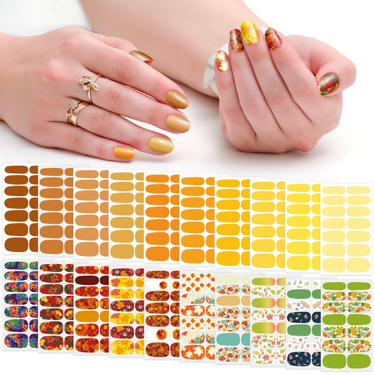 SILPECWEE 20 Sheets Fall Nail Wraps for Women Nail Polish Stickers Maple Leaves Solid Color Stick on Nail Polish Strips Self Adhesive Gel Nail Strips Fingernail Sticker with Nail File