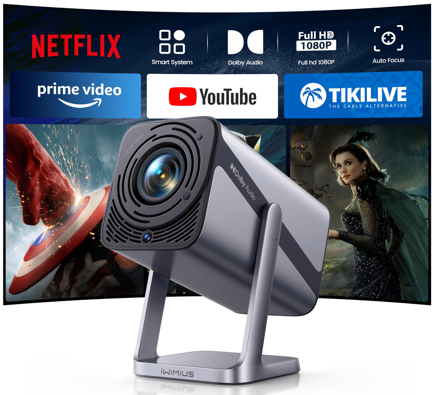 [Officially-Licensed APP/4K Support/Dolby Audio] Portable Smart Projector with WiFi and Bluetooth, Auto Focus & Keystone/Zoom,360°Adjustable Stand, iWIMIUS Mini Outdoor Moive Proyector（2026 Upgraded）