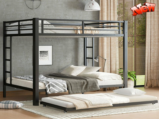 TIHWOALL Upgraded & Stronger Heavy Duty Metal Queen over Queen Bunk Bed with Twin Size Trundle, More Stable Safer Thickened Bunkbeds (Greater Weight Capacity) (Queen over Queen Bunk with Twin Trundle)