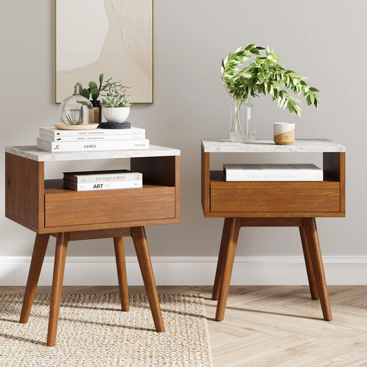 Nathan James Mid-Century James Faux White Marble Accent Side or End Table with Walnut Finish and Marble Table-top with Storage, White/Brown, Set of 2