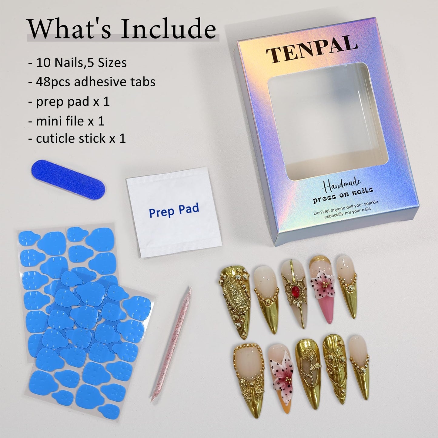 TENPAL Antique Gold French Tips Press on Nails Long Stiletto,Baroque Style Fake Nails with 3D Charms Roses,Cherubs,Bows,Soft Gel Metallic Fake Nails Kit Tools 10pcs,Full Cover Vintage Luxe Nails(M)