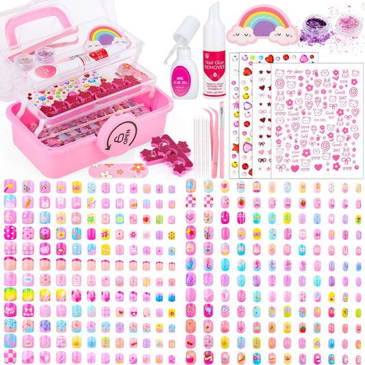 576 Pcs Kids Nails and Glue, Girls Press ons Nail Art Kit with Storage Case, Fake Nails Adhesive, Remover, Rainbow Nail File, Cute Stuff Girls Gift for Kids Age 8-12