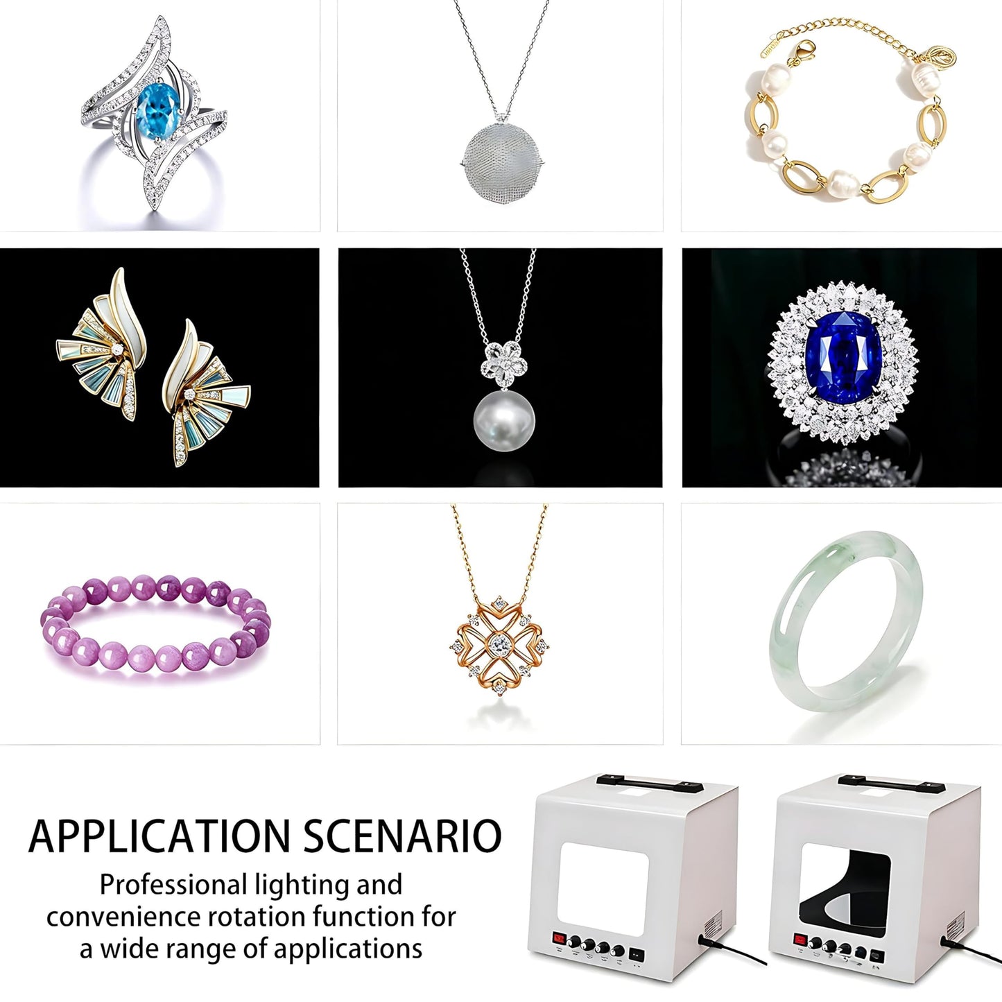 QIUNAOZI Professional Jewelry Photography Light Box Kit. Smart Photography Turntable, Turntable Diameter 11/15cm, 4pcs Fill Lights, Support Jewelry Hanging or Placing Black-TB20