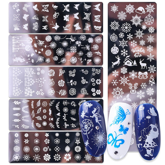 Nail Stamping Plate, DANNEASY 6 Pieces Nail Art Image Stamp Nail Template Kit With Nail Stamper, Scraper, Storage Bag (Nature Style)