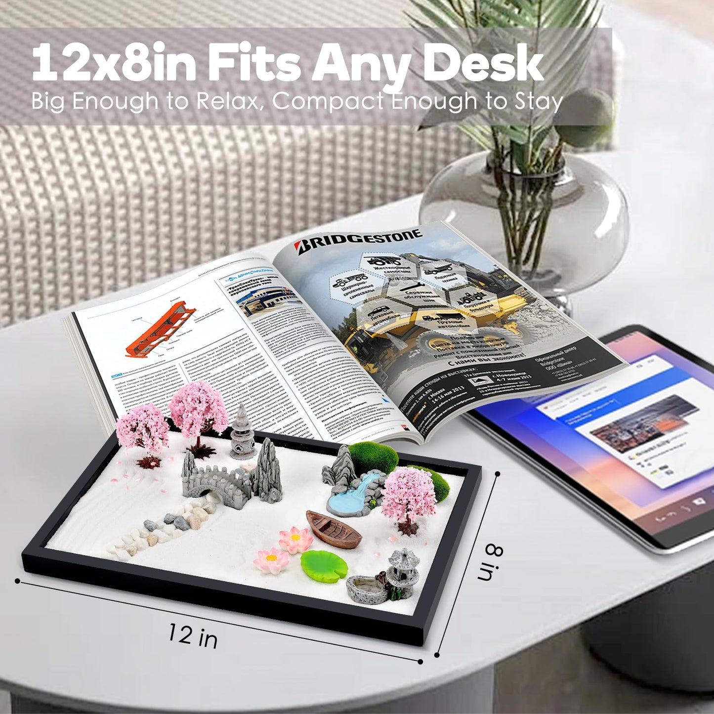 Snugvia Zen Garden Kit for Desk 12x8in Premium Sand Tray Therapy Kit, Japanese Mini Zen Sand Garden Gift Set, 20 Accessories, Stress Relief Gifts, Meditation Home Office Desk Decor
