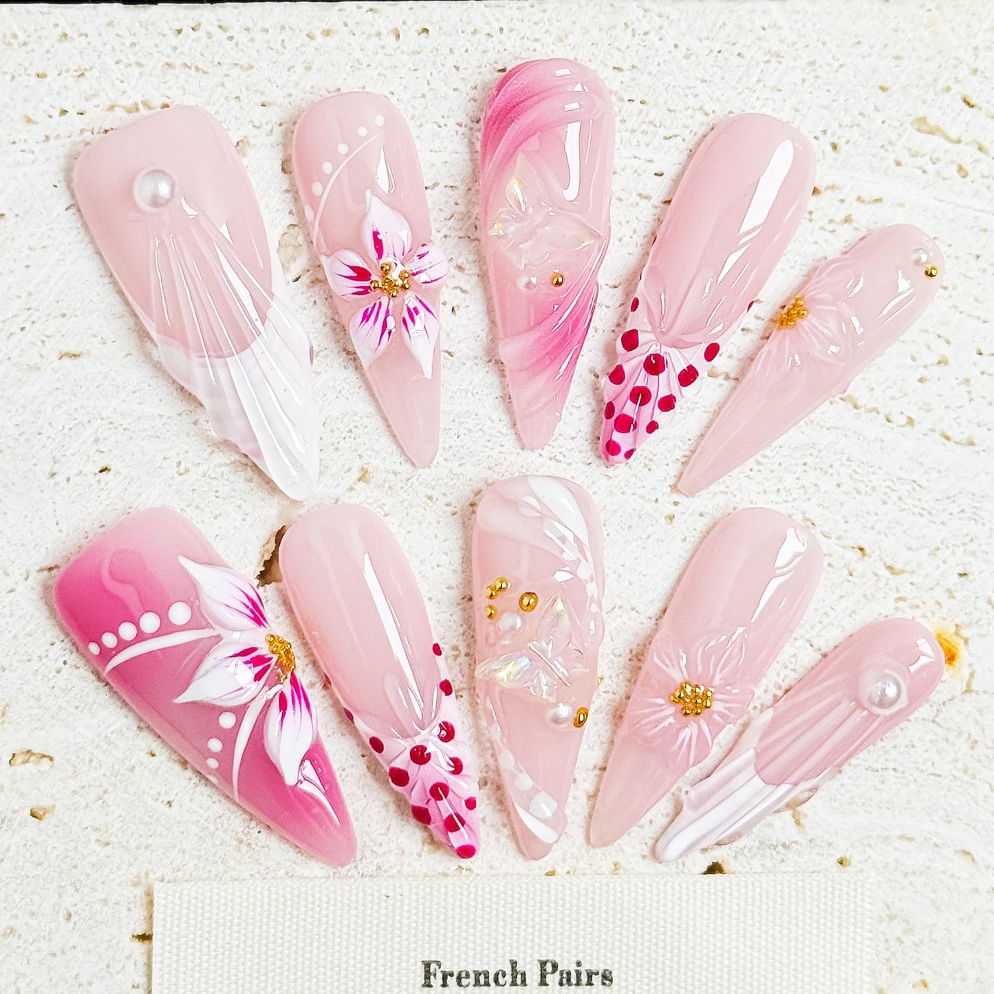 Petal Whisper 10PCS Long Pink Floral Gradient Press On Nails, 3D Flower Pearl Gold Accent Elegant Wedding Fake Nails for Women, Soft Glam Korean Style Acrylic UV Gel Press-On Nails Set (Pink, XS)