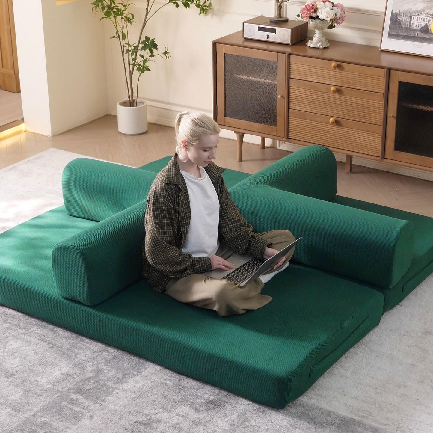 WHGBJA 79" Convertible Sleeper Sofa Bed with Cylindrical Pillow, Corduroy Folding Mattress Couch with Fixed-Shape Frame, Floor Sofa Lounge Couch for Living Room Bedroom Lounge Studio (Green)