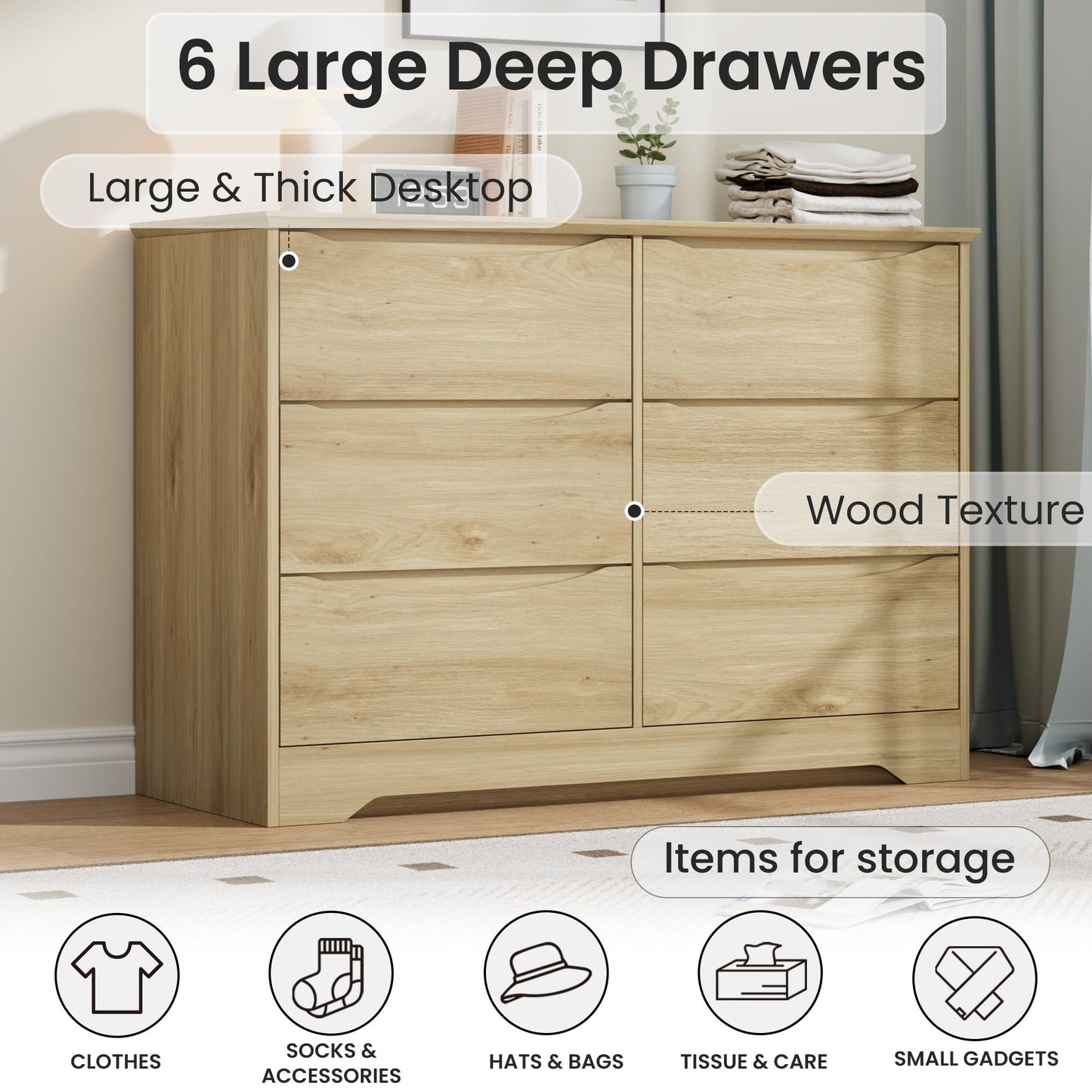 Garvee Wooden Dresser with 6 Drawers, Tall Modern Closet with Deep Storage, Large Chest of Drawers with Wide Top, Long Storage Dresser for Bedroom, Living Room, Hallway, Kids Room, Natural