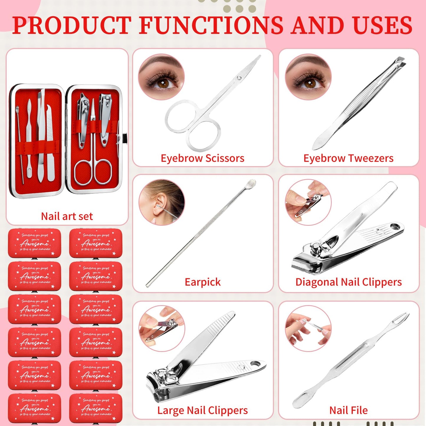 Lanties 24 Set Manicure Kit Bulk Steel Nail Clippers 7 in 1 Stainless Grooming Nail Kit Mother's Day Appreciation Gift Professional Pedicure Tool for Adults Women Men Employee Personal Care(Red)