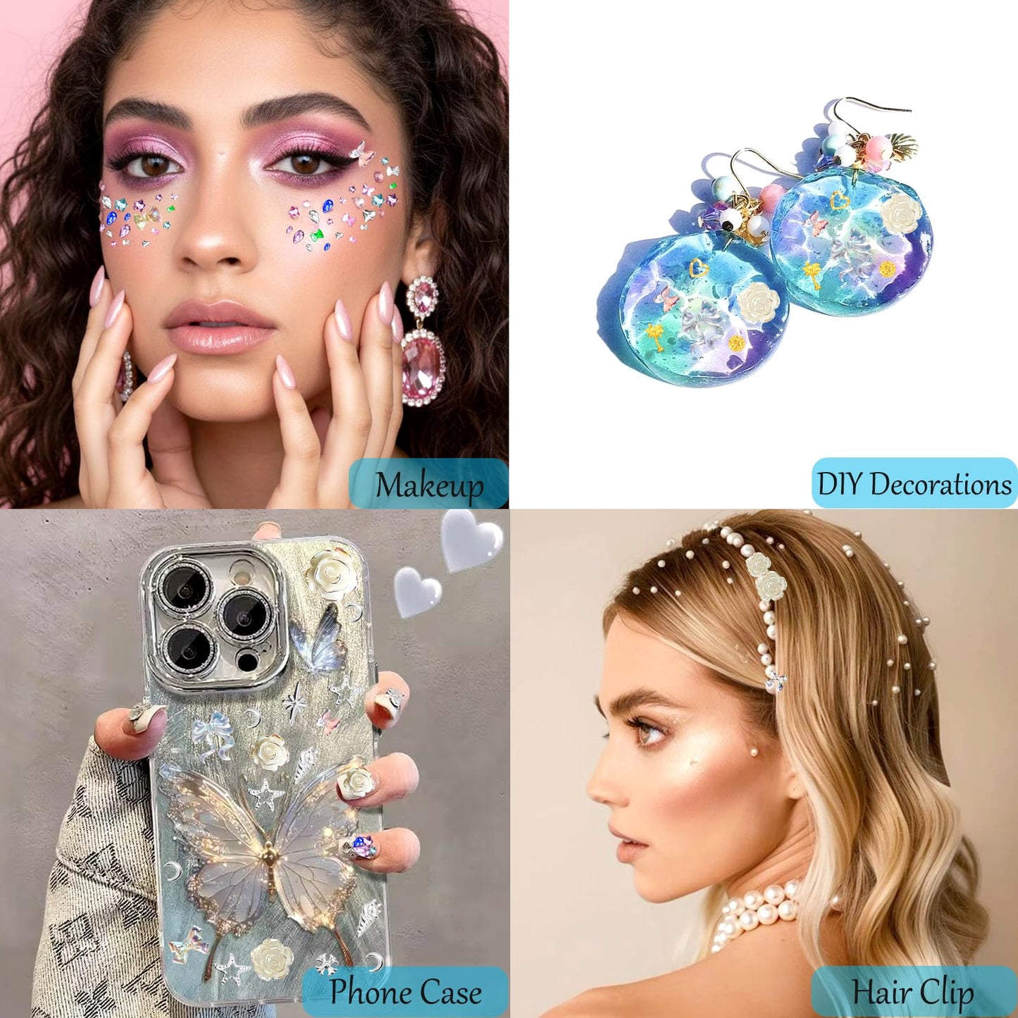 8 Boxes Nail Charms and Gems, White Pearl, Gold/Silver Sea Theme,3D Aurora Flower/Bow, Flatback Nail Gems, Rhinestones and Charms for Nail Art Kit, Various Shapes Nail Rhinestones, Nail Accessories