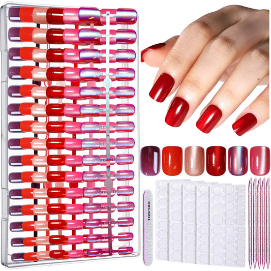 FANDAMEI Red Press on Nails, 6 Colors Cat Eye Press On Nails Short Square, Glossy Red Cat Eye Nails for Women Salon Quality, Natural Fit Fake Nails Fine Diamond Shine, Glitter Nails Kit for Festival