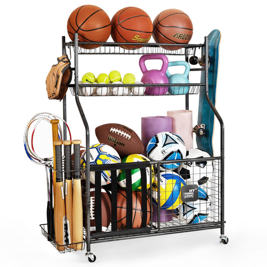 Mythinglogic Garage Sports Equipment Organizer, Baseball Storage Large Capacity, Sports Organizer for Garage with Hooks and Baskets, Ball Storage Rack for Football, Soccer Ball, Bat, Toys