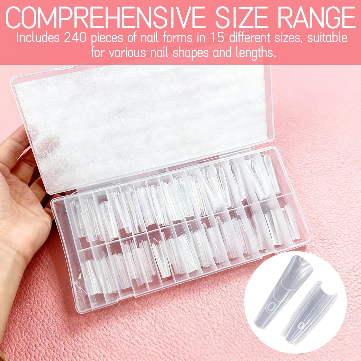 240 Pieces Sandwich Dual Nail Forms - Long Coffin/Almond Round, Quick Nails Extensions with Guide Lines,for Poly Gel and Builder Nail Gel, Reusable for Salon, DIY Nail Art (Transparent Long Coffin)