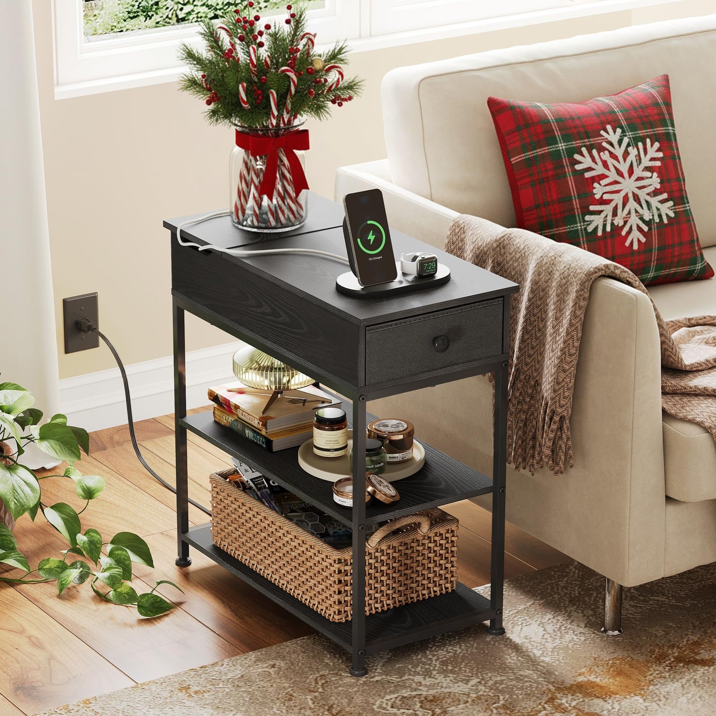 WLIVE Narrow Side Table with 2 USB Ports and 2 Outlets, Flip Top Black End Table with Drawer and Storage Shelves, Small Nightstand with Charging Station for Living Room/Bedroom
