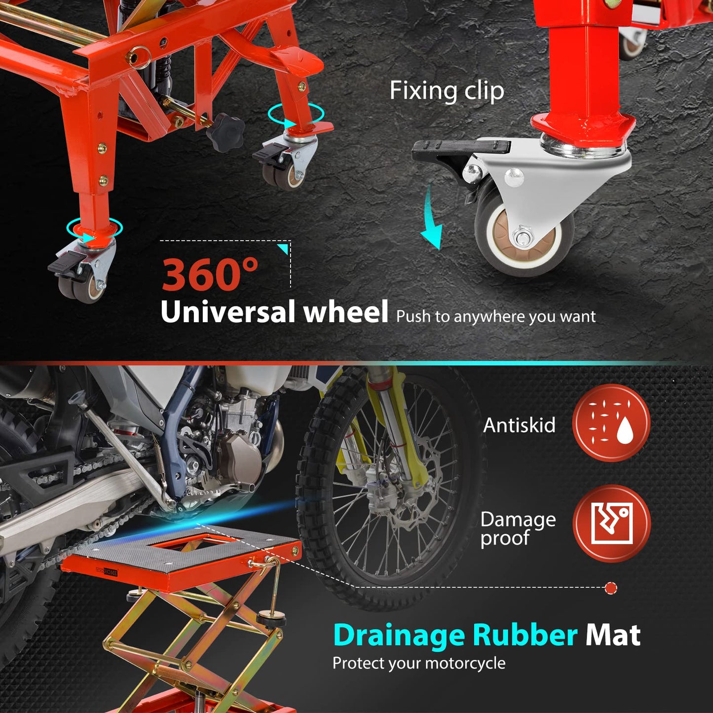 VIVOHOME 350 Lbs Heavy Duty Hydraulic Motorcycle Lift Jack, ATV Dirt Bike Foot Operated Scissor Stand Table with 4 Wheels and Removable Stopper, Red