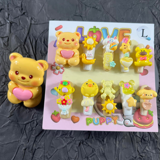 Press on Nails Handmade Nails 10Pcs Yellow Cute Manual Press on Nails with Ring for Women Party Holiday Photo 33mm Long Size L