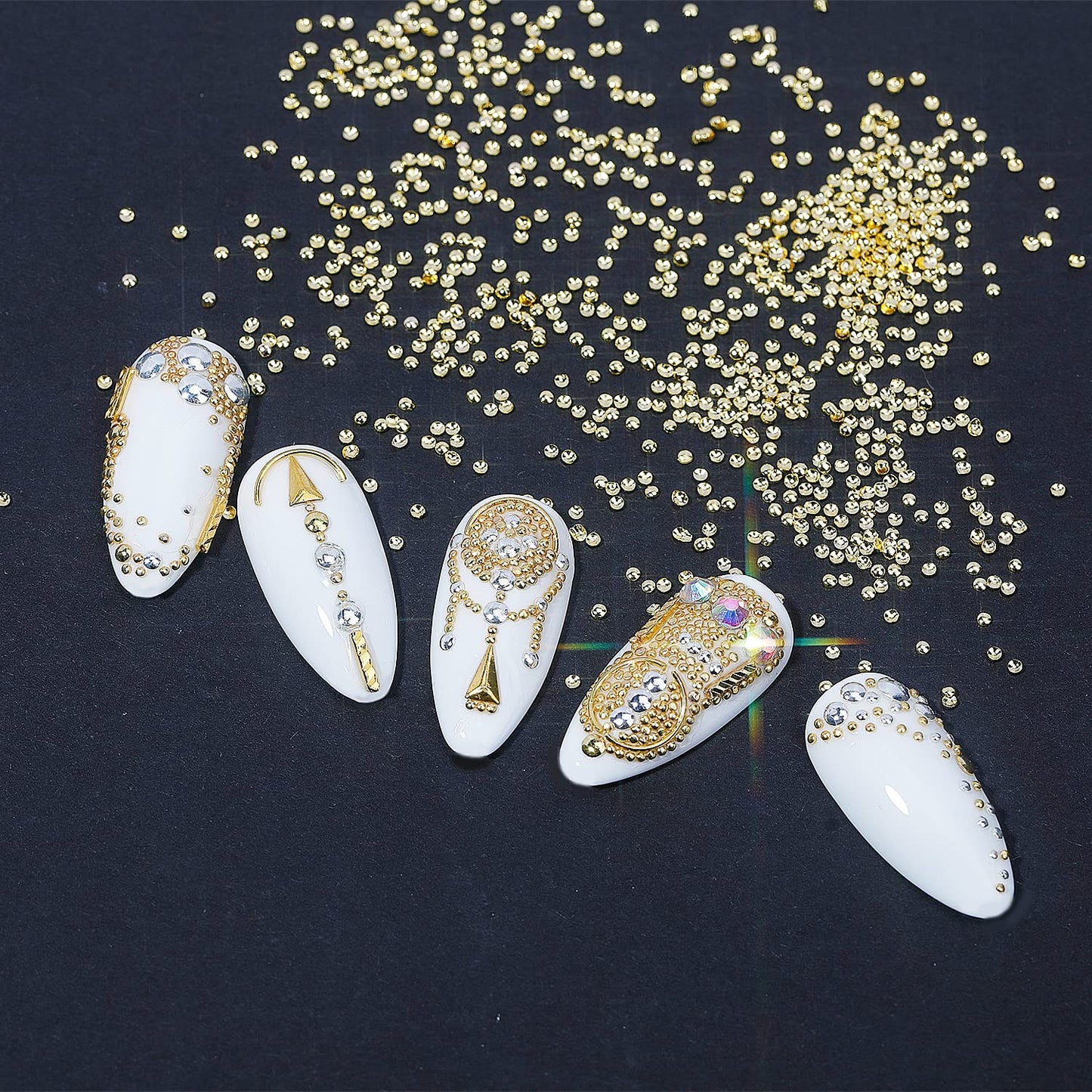 DZHILHMX Nail Charms - Metal Gold & Silver, Flat Back Round Nail Art Charms, Small Nail Pearls, 3D Mixed Sizes Decorations for Nails