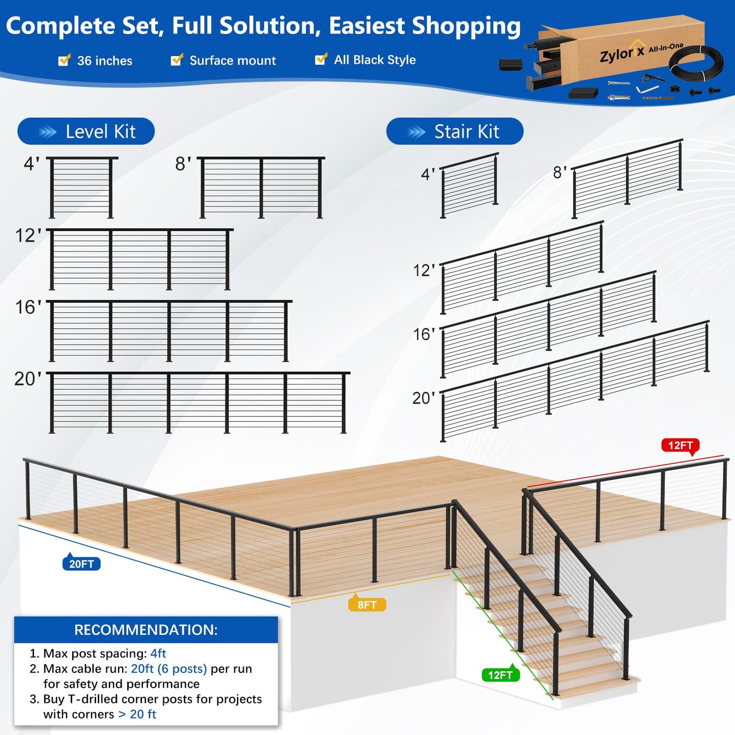 Zylorix 4ft-8ft Complete Set Cable Railing System 36" with Cuttable Handrail, Modular Black T304 Stainless Steel Level Cable Railing Posts Kit, One-Stop Easier for DIY Indoor Outdoor Horizontal Decks