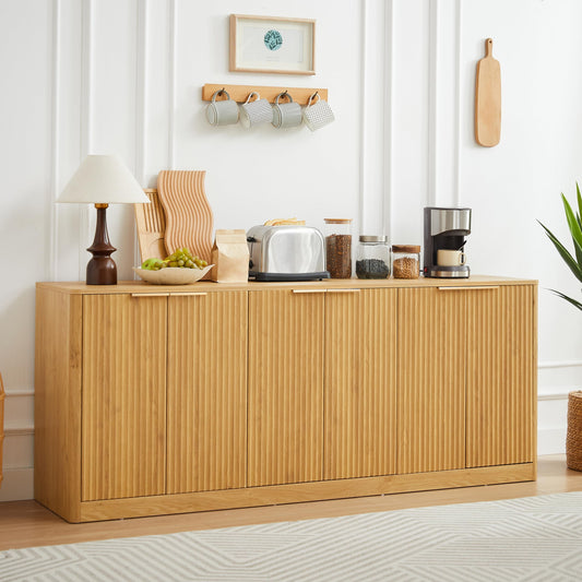 Ball & Cast 67" Modern Fluted Sideboard Buffet Cabinet with Storage,Curved Design Kitchen Coffee Bar Cabinet with 6 Doors & Shelves,Wood Credenza Cabinets Media Console for Living Room,Natural