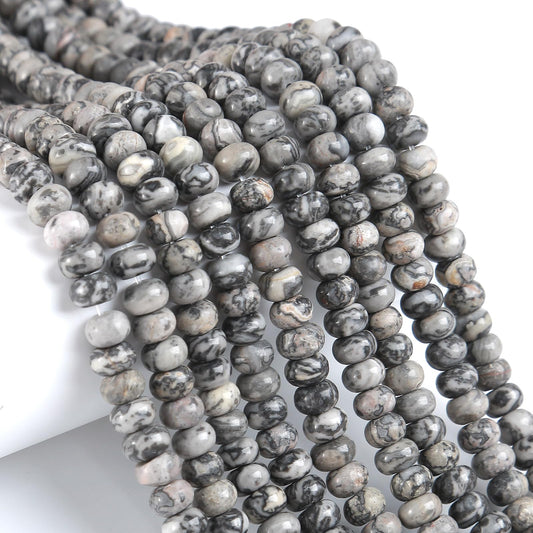 76pcs 5x8mm Natural Stone Gray Map Jasper Rondelle Spacer Loose Beads Abacus Disk Stone Round Loose Gemstone Beads for Jewelry Making DIY Bracelet Necklace