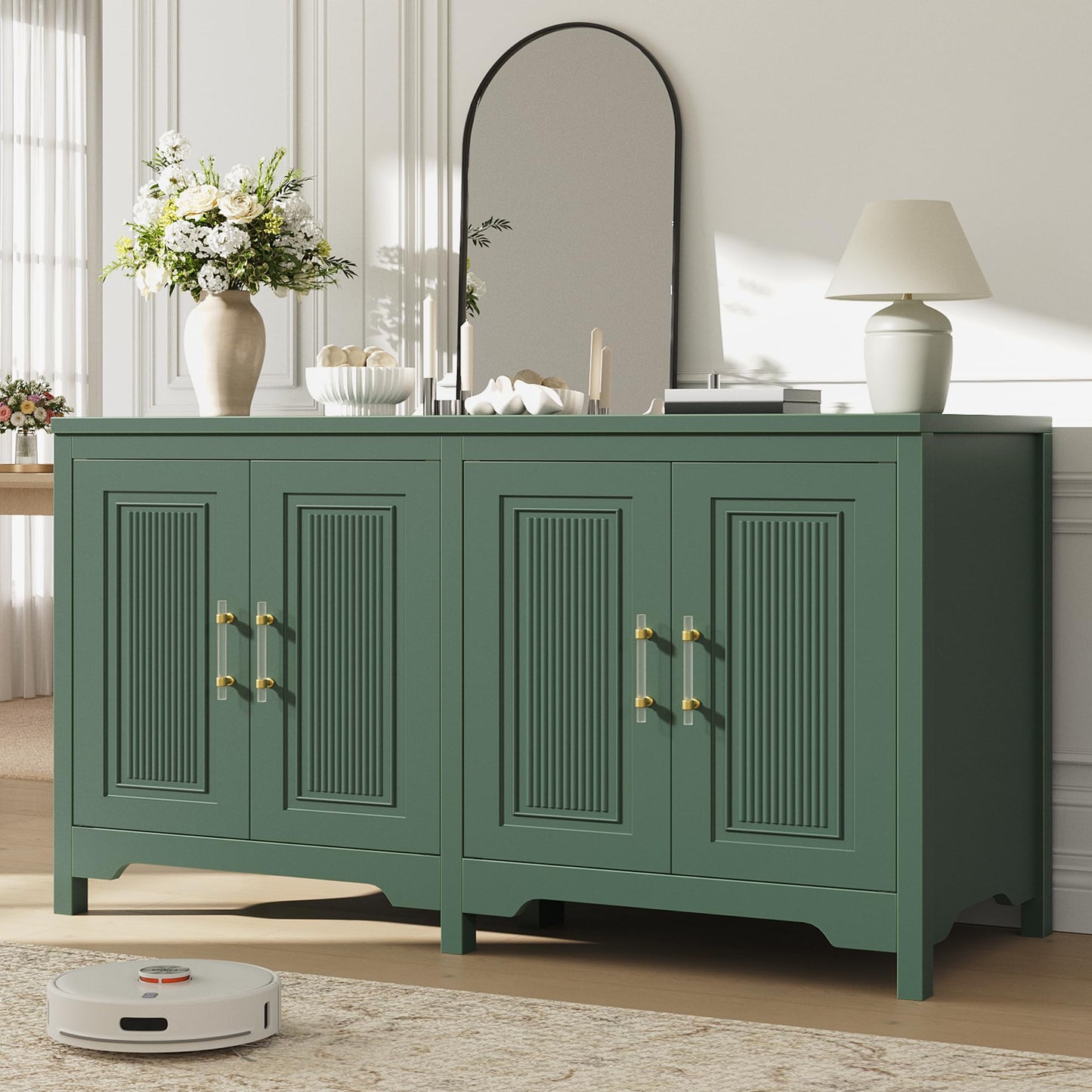 Jocoevol 55" Buffet Cabinet with Storage, Modern Fluted Door Design Sideboard Buffet Cabinet with Adjustable Shelf, Coffee Bar Station for Kitchen, Dining Room, Green