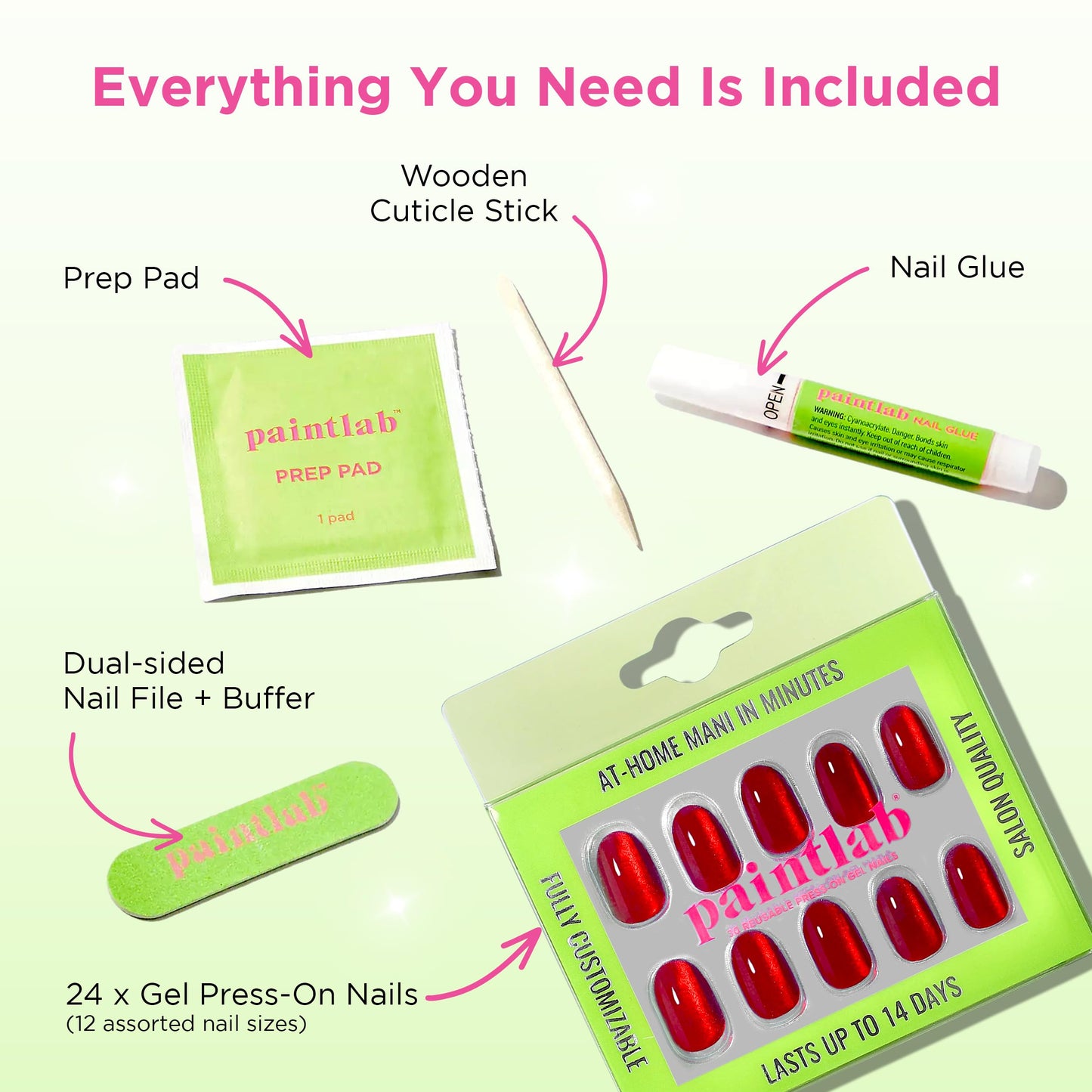 PaintLab Press On Nails - Red Ruby Cat Eye Oval Fake Nails, 30 Nails in 15 Sizes with Glue, Reusable Salon Quality Press On Nails