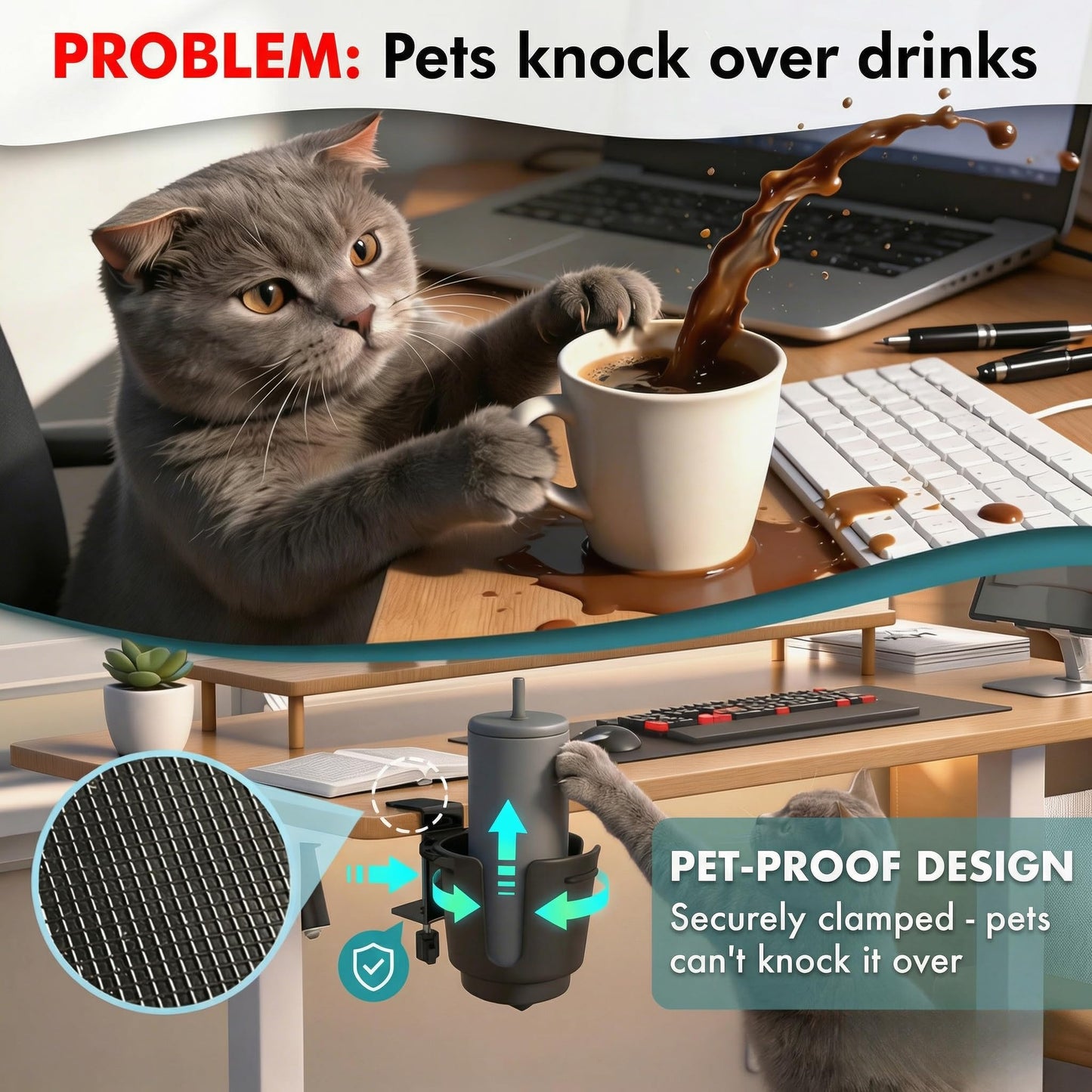 Desk Cup Holder with Large Metal Clamp, Fits Maximum Diameter of 3.38 inches Bottles, Anti-Spill Cup Holder Suitable for Tables, Porch Swings, and Patio Chairs. (Large)