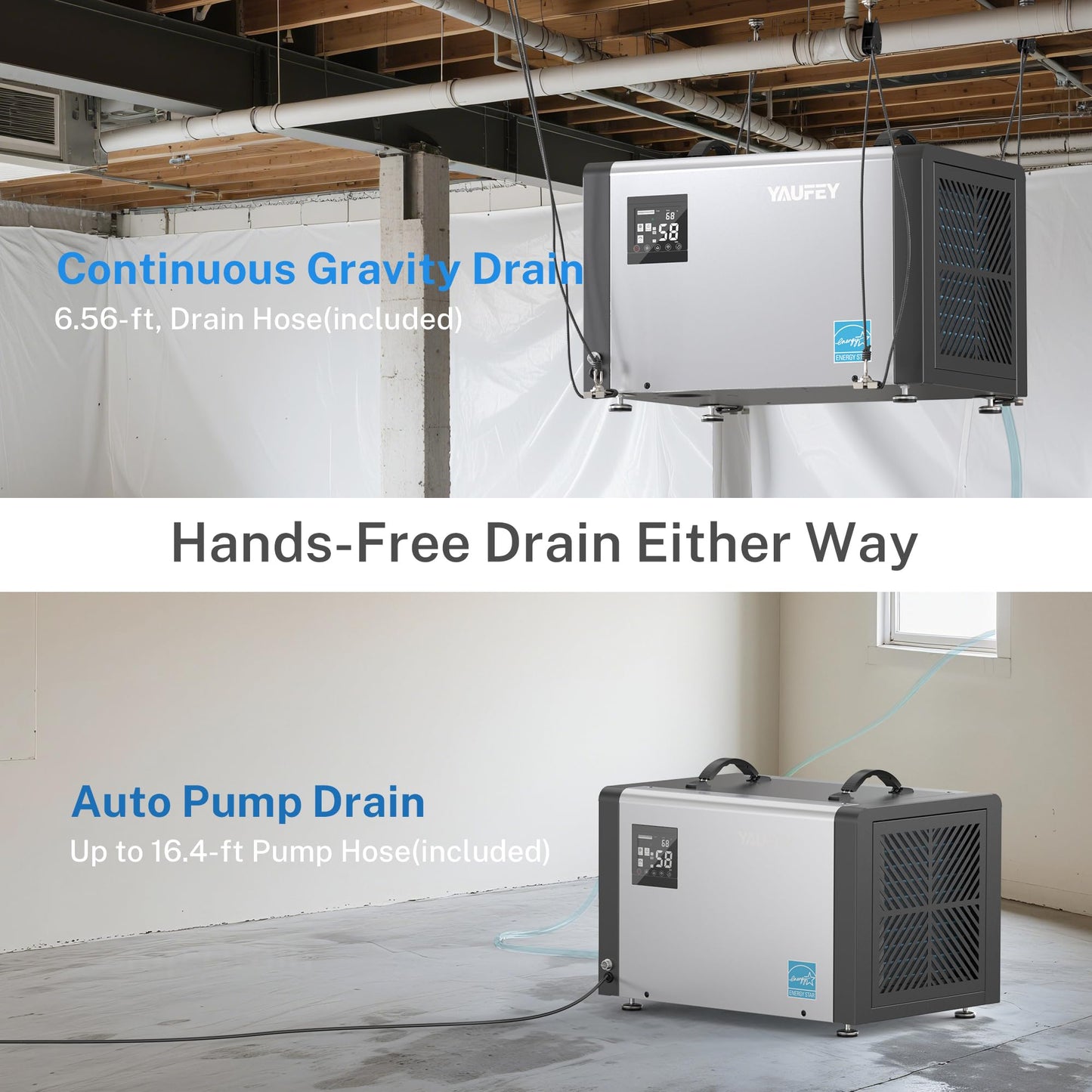 Yaufey 70 Pint Energy Star Commercial Dehumidifier with Pump for Crawl Space, Basement, Industrial, up to 5,000 Sq. Ft., 10%-98% RH Humidity Control, Auto Defrost, TUV Certified, 5-Year Coverage