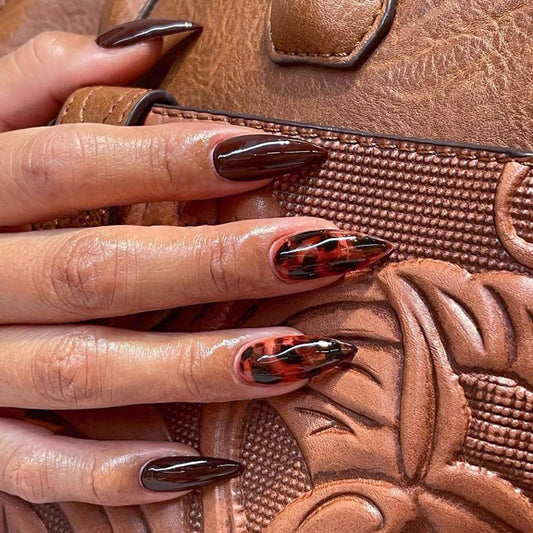 Fall Press on Nails Medium Almond SWEKKE Fake Nails Brown Full Cover Leopard False Nails with Designs Glossy Glue on Nails Stick on Nails Manicure Artificial Acrylic Nails for Women Girls 24Pcs