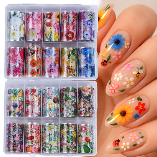 Flower Fruit Nail Transfer Foils 20 Rolls Summer Tropical Fruits Floral Theme Nail Art Foils Blueberry Strawberry Daisy Starry Sky Paper Full Cover Wraps Manicure Decoration Supplies for Women