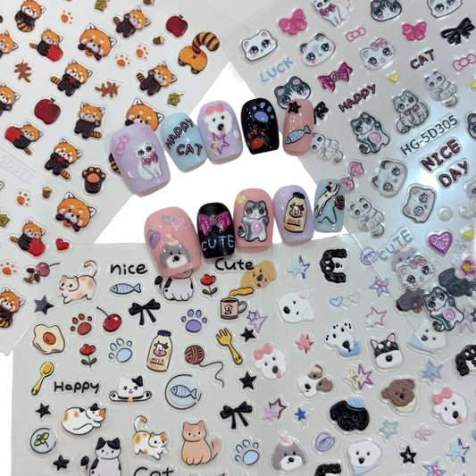 SIMAYKUWA Cute Style Japanese Inspired Embossed Cute Dogs Adorable Cats Tanuki DIY Nail Stickers - Everyday Nail Art Decorations A Set of 4 Sheets