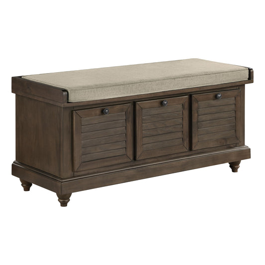 OSP Home Furnishings Dover Coastal Lift-Top Storage Bench with Shutter Face Styling, Dark Walnut Finish with Beige Fabric Cushion