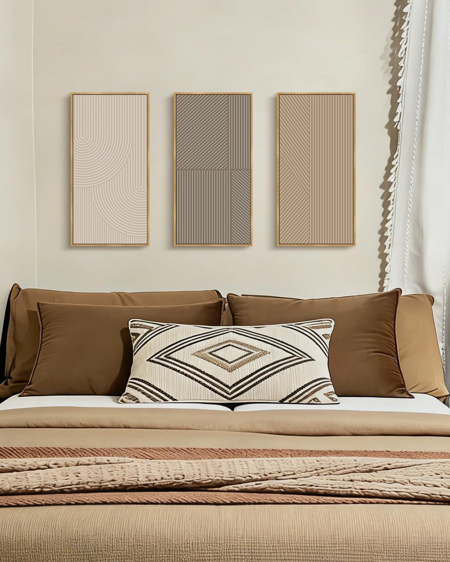 KUVIOKE Boho Minimalist Abstract Framed Wall Art Modern Line Wall Decor Geometric Artwork Kitchen Dining Room 8x16in3pcs Natural Framed